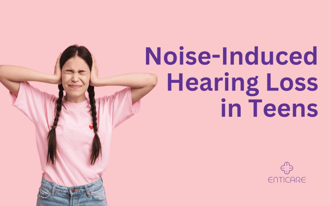 Noise-induced hearing loss. Teenager cover her ears